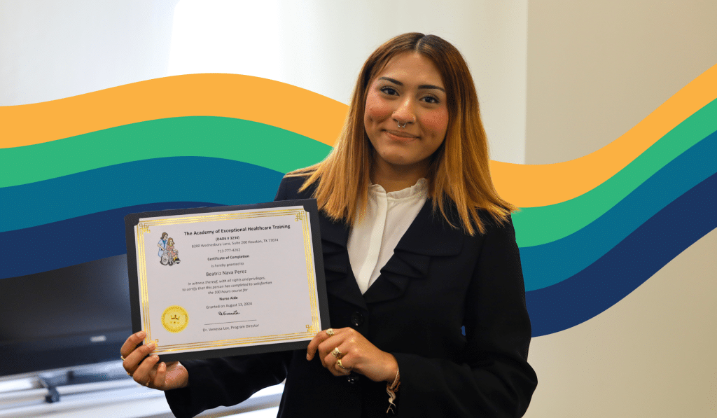 Young woman holding a certificate of completion from The Academy of Exceptional Healthcare Training, smiling with a colorful abstract background, representing career pathways and training opportunities for students.