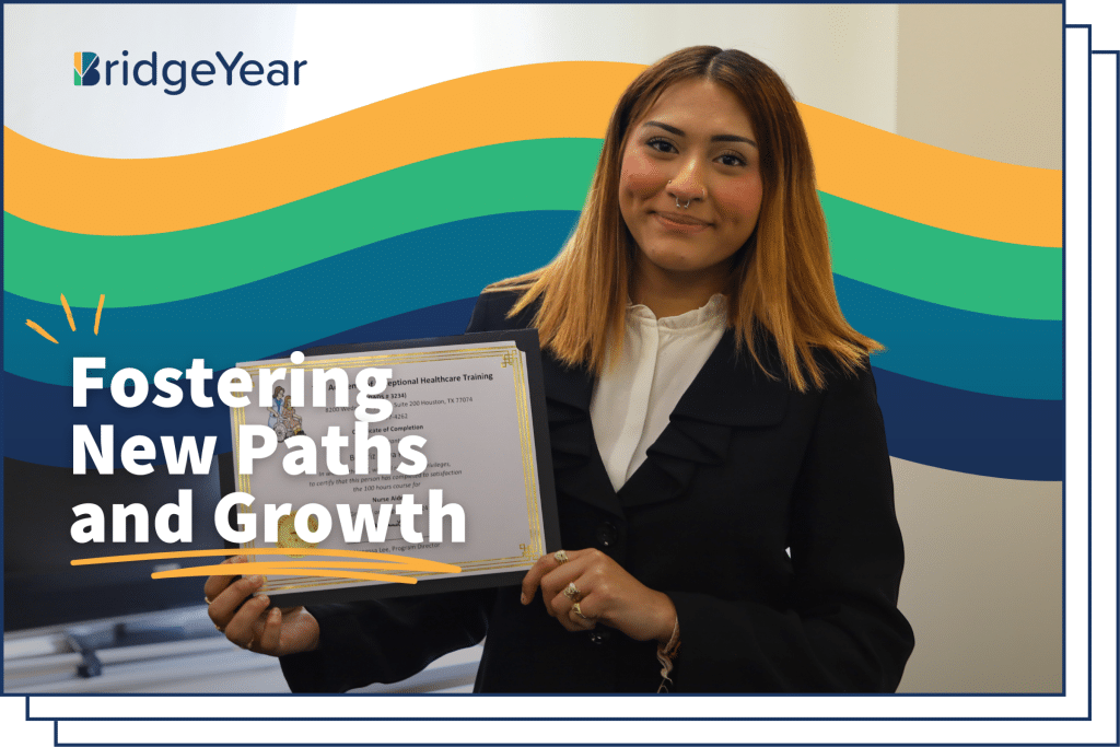 Young woman holding a certificate for Exceptional Healthcare Training, with BridgeYear branding and colorful background, symbolizing career growth and educational success for underserved youth.